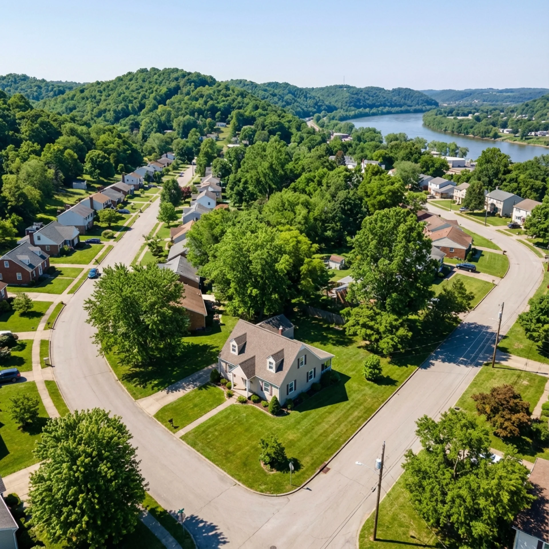 Aerial drone view of a residential home exterior showing roof, driveway, and landscaped front yard in Marietta, Ohio
