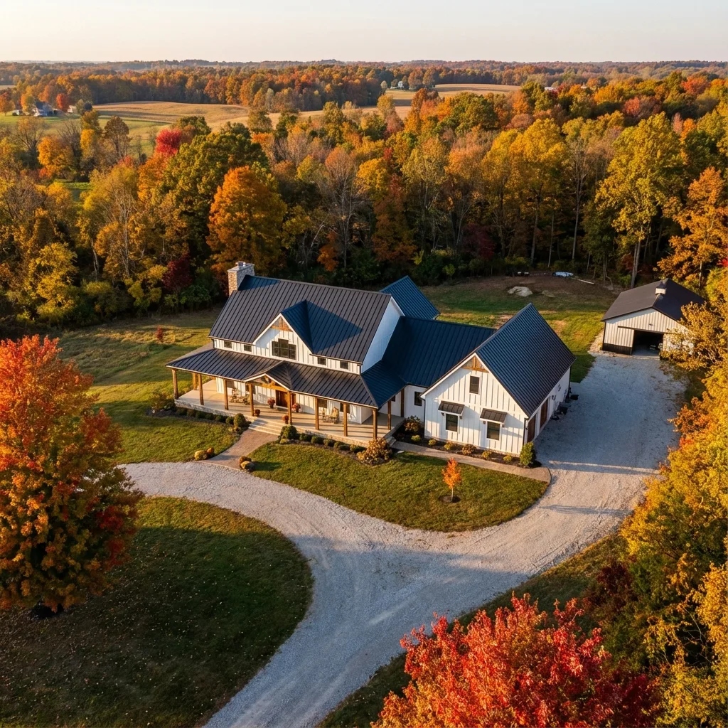 Luxury home aerial photograph showing full property layout, surrounding trees, and neighborhood context from 200 feet