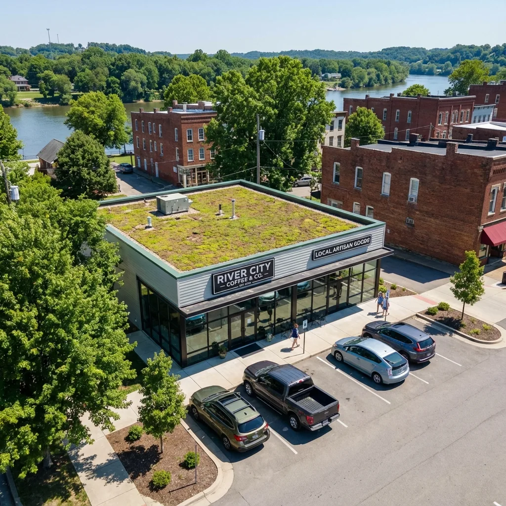 Commercial retail center aerial view showing tenant spaces, shared parking area, and road access points for prospective buyers